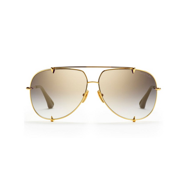 "Gafas Dita con una montura de metal dorado. Los lentes tienen un degradado que va de un tono más oscuro en la parte superior a uno más claro en la parte inferior. Las patillas son finas y también de color dorado, con extremos negros. El diseño es elegante y moderno, combinando funcionalidad y estilo."