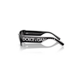 "Gafas Dolce & Gabbana negras con un diseño elegante y moderno. Las gafas tienen lentes oscuras y monturas gruesas. Las patillas de las gafas exhiben de manera prominente el nombre de la marca "DOLCE & GABBANA" en texto blanco."