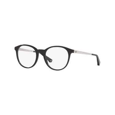 "Gafas Emporio Armani con montura negra y lentes transparentes. Las patillas de las gafas son plateadas. El diseño es elegante y moderno, combinando elementos en negro y plateado para un aspecto estilizado."