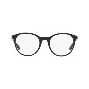 "Gafas Emporio Armani con montura negra y lentes transparentes. Las patillas de las gafas son plateadas. El diseño es elegante y moderno, combinando elementos en negro y plateado para un aspecto estilizado."