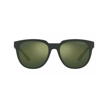 "Gafas Empori Armani con un marco negro y lentes tintadas de verde. Las gafas tienen un diseño moderno y elegante, con una forma ligeramente redondeada."