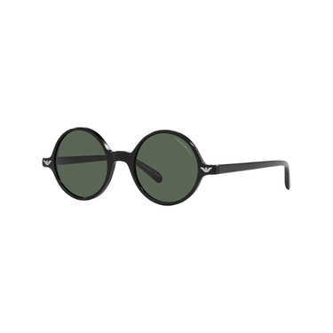 "Gafas Empori Armani redondas con monturas negras y lentes de color verde oscuro. Las gafas tienen un diseño distintivo con lentes redondas y un aspecto moderno y elegante."