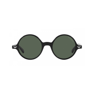 "Gafas Empori Armani redondas con monturas negras y lentes de color verde oscuro. Las gafas tienen un diseño distintivo con lentes redondas y un aspecto moderno y elegante."