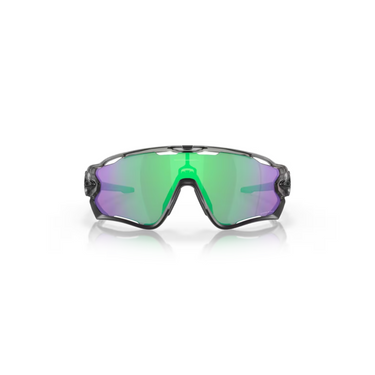 "Gafas Oakley con lente envolvente degradada de verde a púrpura, marco negro ligero y detalles transparentes."