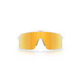 "Gafas Oakley con montura transparente y lentes de color naranja con un recubrimiento reflectante que da un aspecto de espejo."