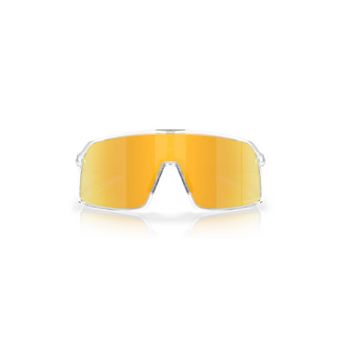 "Gafas Oakley con montura transparente y lentes de color naranja con un recubrimiento reflectante que da un aspecto de espejo."