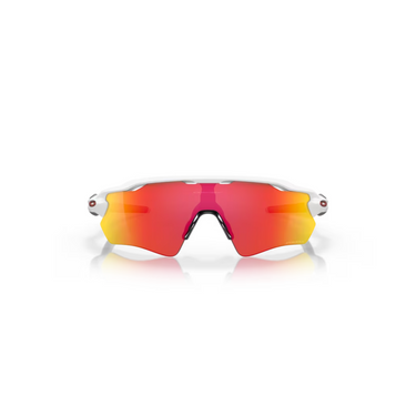 "Gafas Oakley Rada EV Path deportivas con montura de color blanco pulido y lentes prizm ruby."