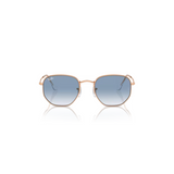 "Gafas Ray-Ban con montura de color oro rosa y lentes de color azul transparente."