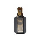 "perfume devier sandal oud con envase en color negro y detalles dotados y tapa dorados"