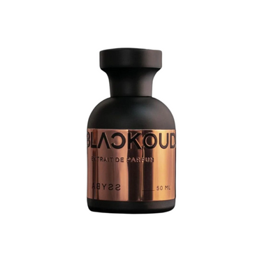 "Perfume BlackOud Abyss con diseño elegante y sofisticado en tonos oscuros con detalles dorados."