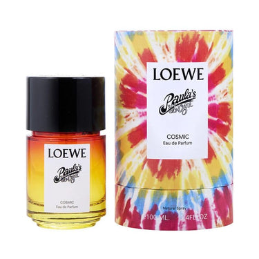 "perfume loewe con envase amarillo con tapa negra y caja de colores"