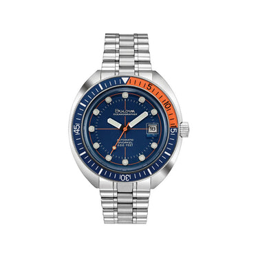 "Reloj con fondo azul y detalles naranjas"