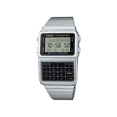 "Reloj Casio de color plateado con calculadora"