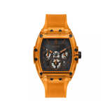 "Reloj Guess Phoenix de color naranja y el centro es de color negro, con detalles grises y naranja."