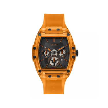 "Reloj Guess Phoenix de color naranja y el centro es de color negro, con detalles grises y naranja."