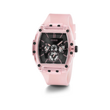 "Reloj Guess Sporting Pink de color rosa y detalles de color negro."