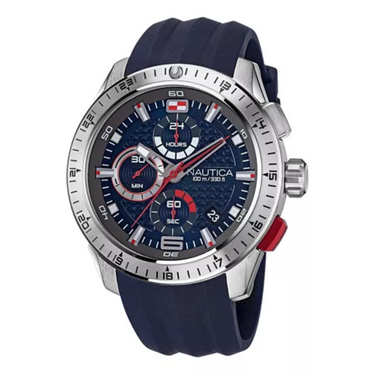 "Reloj Nautica con manilla de color azul oscuro y centro de color azul oscuro con detalles de color plateado, blanco y rojo"