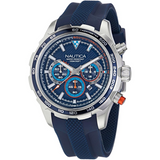 "Reloj Nautica con manilla de color azul y centro de color azul con detalles de color plateado, azul y naranja"