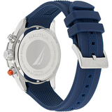 "Reloj Nautica con manilla de color azul y centro de color azul con detalles de color plateado, azul y naranja"