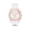 "Reloj Omega Swatch Mission To Venus de color rosado claro con detalles en blanco y plateado."