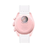 "Reloj Omega Swatch Mission To Venus de color rosado claro con detalles en blanco y plateado."