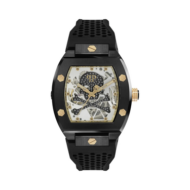 "Reloj Philipp Plein con manilla de silicona negra y marco con una calavera en el centro y detalles de color dorado."