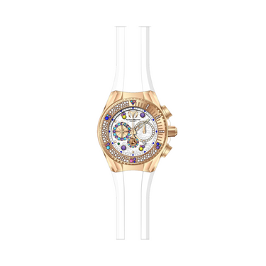 "Reloj Technomarine Cruise con manilla de silicona blanca y marco con diamantes multicolor incrustados."